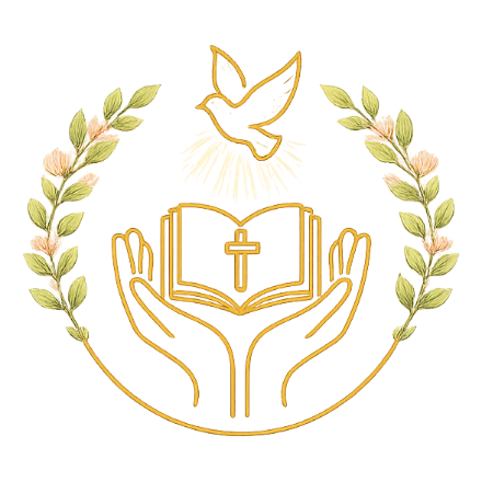 Heavenly Guided Hands emblem — dove, cross, open Bible and laurel wreath